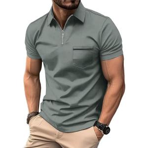 ZITY Mens Polo Shirts Quarter Zip Shirts Casual Classic Lightweight Short Sleeve Golf Collared Shirt with Pocket(Grey)