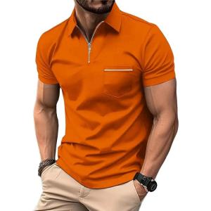ZITY Mens Polo Shirts Quarter Zip Shirts Casual Classic Lightweight Short Sleeve Golf Collared Shirt with Pocket(Orange)