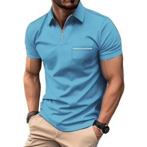 ZITY Mens Polo Shirts Quarter Zip Shirts Casual Classic Lightweight Short Sleeve Golf Collared Shirt with Pocket(Sky Blue)