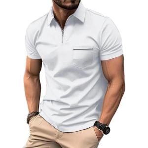 ZITY Mens Polo Shirts Quarter Zip Shirts Casual Classic Lightweight Short Sleeve Golf Collared Shirt with Pocket(White)