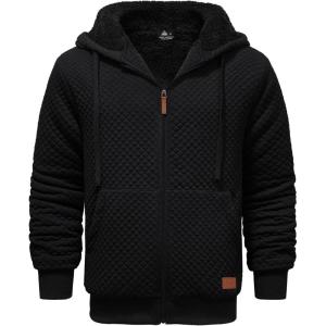 ZITY Men’s Zip Up Hoodie Sherpa Lined Heavyweight Jacket Waffle Knit Fleece Thick Winter Warm Sweatshirt(Carbon Black)