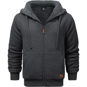 ZITY Men’s Zip Up Hoodie Sherpa Lined Heavyweight Jacket Waffle Knit Fleece Thick Winter Warm Sweatshirt(Dark Grey)