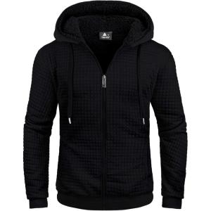 ZITY Men’s Zip Up Hoodie Sherpa Lined Heavyweight Jacket Waffle Knit Fleece Thick Winter Warm Sweatshirt(Plaid Black)