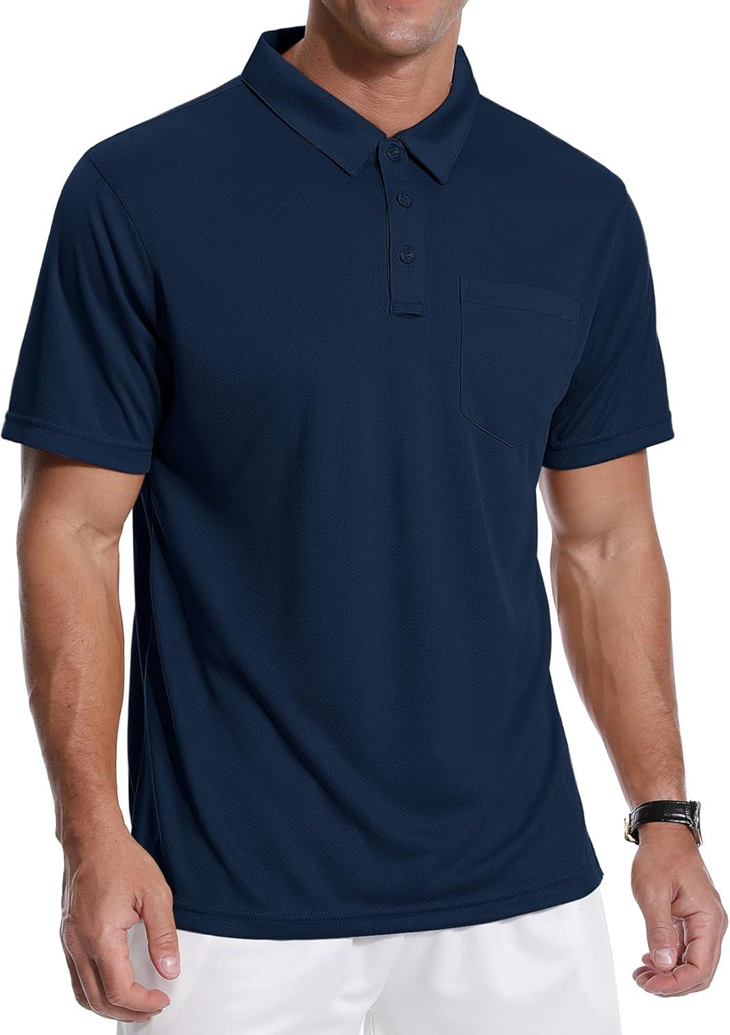 imageZITY 3 Pack Polo Shirts for Men with Pocket Short Sleeve Moisture Wicking Outdoor Tactical Shirt Summer CasualApricotnavylight Blue