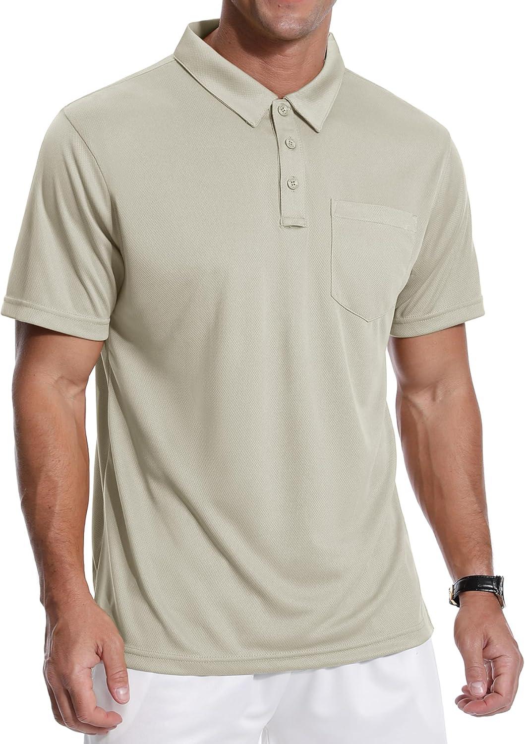 imageZITY 3 Pack Polo Shirts for Men with Pocket Short Sleeve Moisture Wicking Outdoor Tactical Shirt Summer CasualBlackgreyapricot