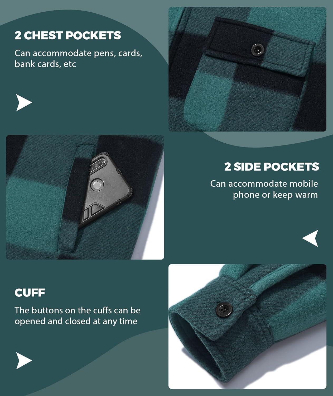 imageZITY Mens Flannel Hooded Jacket Fleece Sherpa Lined Plaid Shirts Jackets Zip Up Sweatshirt Hoodies for Men with 4 PocketsGreen
