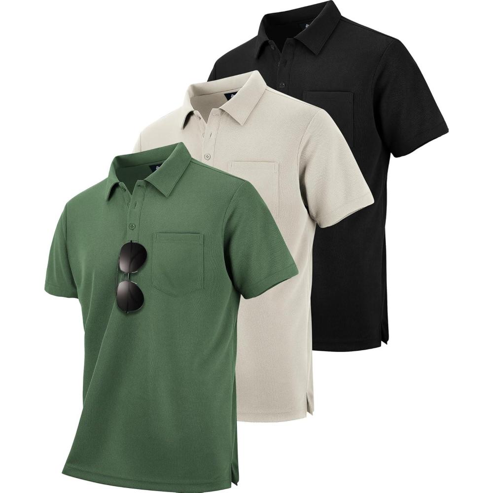 imageZITY 3 Pack Polo Shirts for Men with Pocket Short Sleeve Moisture Wicking Outdoor Tactical Shirt Summer CasualApricotarmy Greenblack