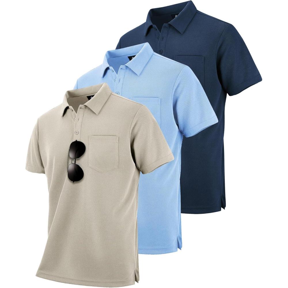 imageZITY 3 Pack Polo Shirts for Men with Pocket Short Sleeve Moisture Wicking Outdoor Tactical Shirt Summer CasualApricotnavylight Blue