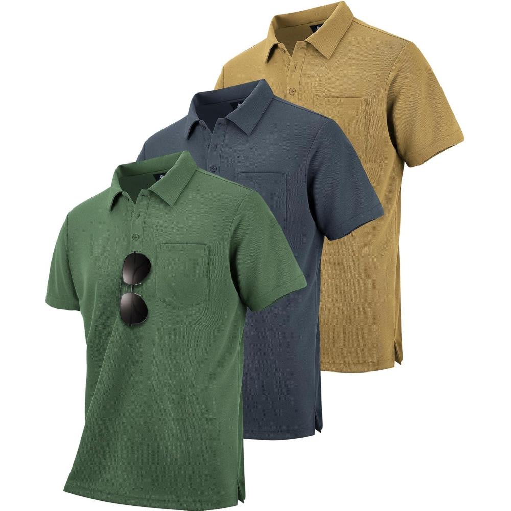 imageZITY 3 Pack Polo Shirts for Men with Pocket Short Sleeve Moisture Wicking Outdoor Tactical Shirt Summer CasualKhakigreyarmy Green