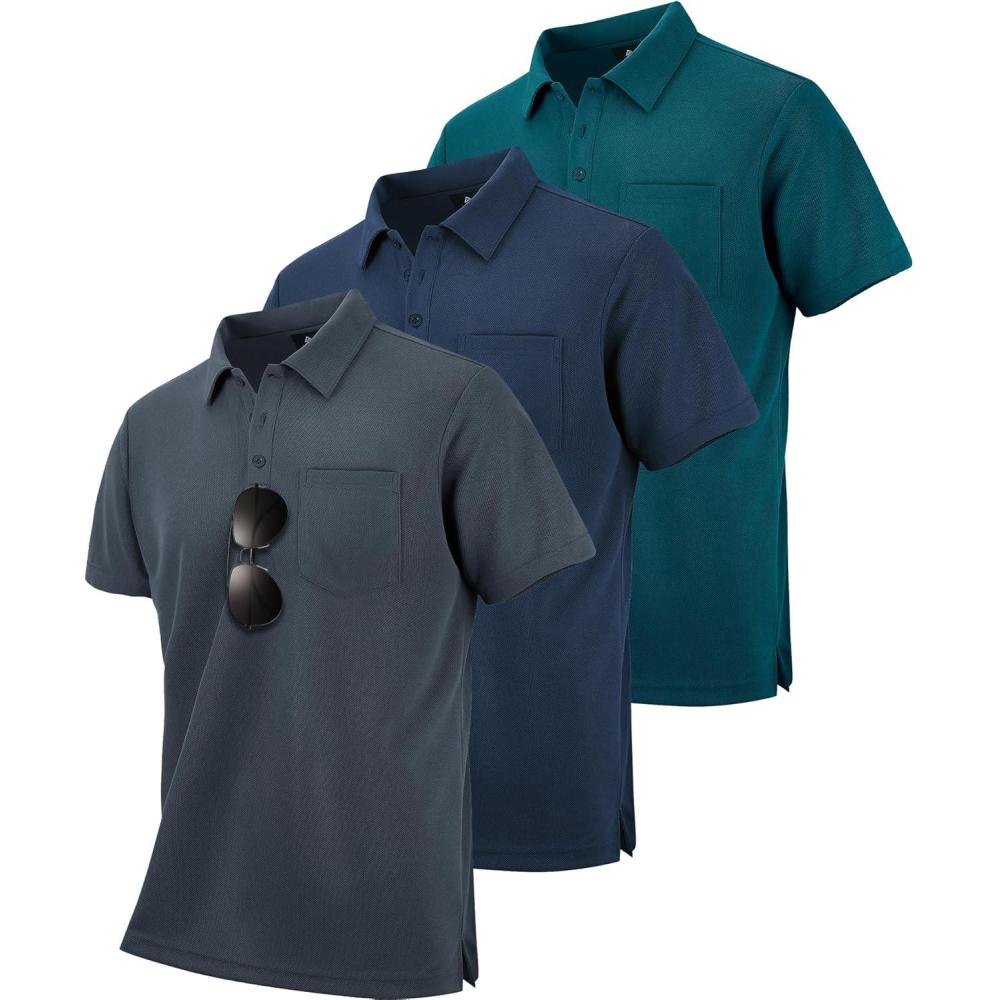 imageZITY 3 Pack Polo Shirts for Men with Pocket Short Sleeve Moisture Wicking Outdoor Tactical Shirt Summer CasualNavygreydark Teal Blue