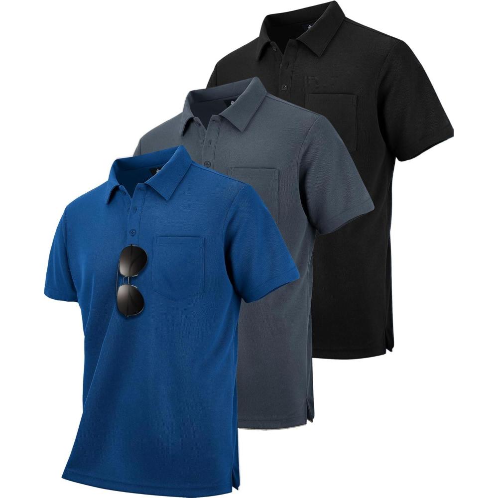 imageZITY 3 Pack Polo Shirts for Men with Pocket Short Sleeve Moisture Wicking Outdoor Tactical Shirt Summer CasualRoyal Bluegreyblack