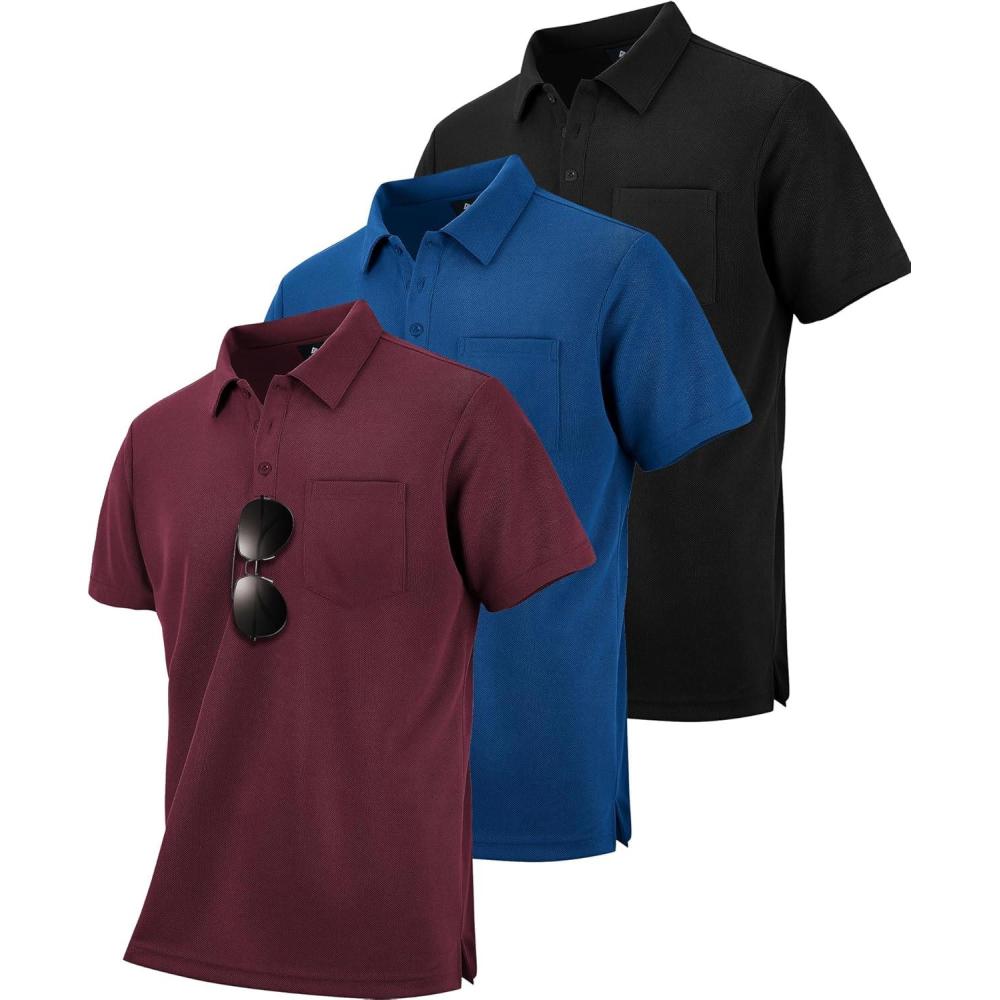 imageZITY 3 Pack Polo Shirts for Men with Pocket Short Sleeve Moisture Wicking Outdoor Tactical Shirt Summer CasualRoyal Bluewine Redblack