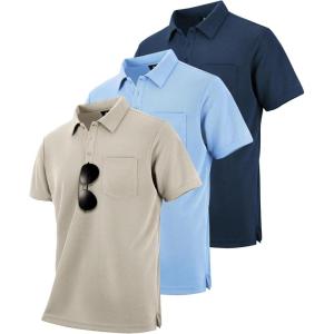 ZITY 3 Pack Polo Shirts for Men with Pocket Short Sleeve Moisture Wicking Outdoor Tactical Shirt Summer Casual(Apricot+navy+light Blue)