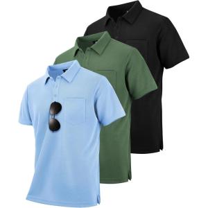 ZITY 3 Pack Polo Shirts for Men with Pocket Short Sleeve Moisture Wicking Outdoor Tactical Shirt Summer Casual(Black+army Green+light Blue)