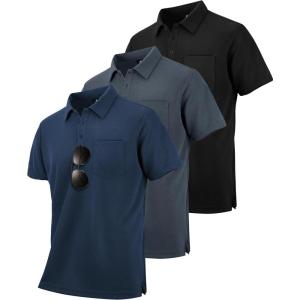 ZITY 3 Pack Polo Shirts for Men with Pocket Short Sleeve Moisture Wicking Outdoor Tactical Shirt Summer Casual(Black+grey+navy)
