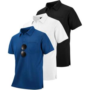 ZITY 3 Pack Polo Shirts for Men with Pocket Short Sleeve Moisture Wicking Outdoor Tactical Shirt Summer Casual(Black+royal Blue+white)