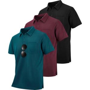 ZITY 3 Pack Polo Shirts for Men with Pocket Short Sleeve Moisture Wicking Outdoor Tactical Shirt Summer Casual(Dark Teal Blue+black+wine Red)