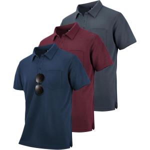 ZITY 3 Pack Polo Shirts for Men with Pocket Short Sleeve Moisture Wicking Outdoor Tactical Shirt Summer Casual(Grey+wine Red+navy)