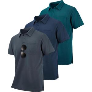 ZITY 3 Pack Polo Shirts for Men with Pocket Short Sleeve Moisture Wicking Outdoor Tactical Shirt Summer Casual(Navy+grey+dark Teal Blue)