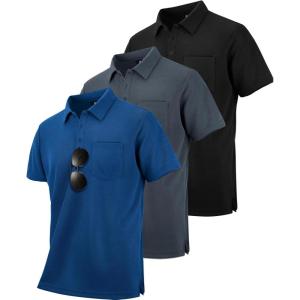 ZITY 3 Pack Polo Shirts for Men with Pocket Short Sleeve Moisture Wicking Outdoor Tactical Shirt Summer Casual(Royal Blue+grey+black)
