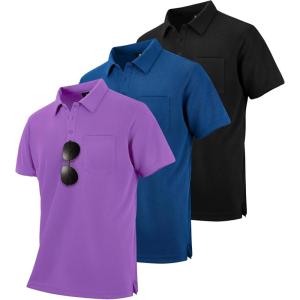 ZITY 3 Pack Polo Shirts for Men with Pocket Short Sleeve Moisture Wicking Outdoor Tactical Shirt Summer Casual(Violet+royal Blue+black)