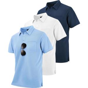 ZITY 3 Pack Polo Shirts for Men with Pocket Short Sleeve Moisture Wicking Outdoor Tactical Shirt Summer Casual(White+light Blue+navy)