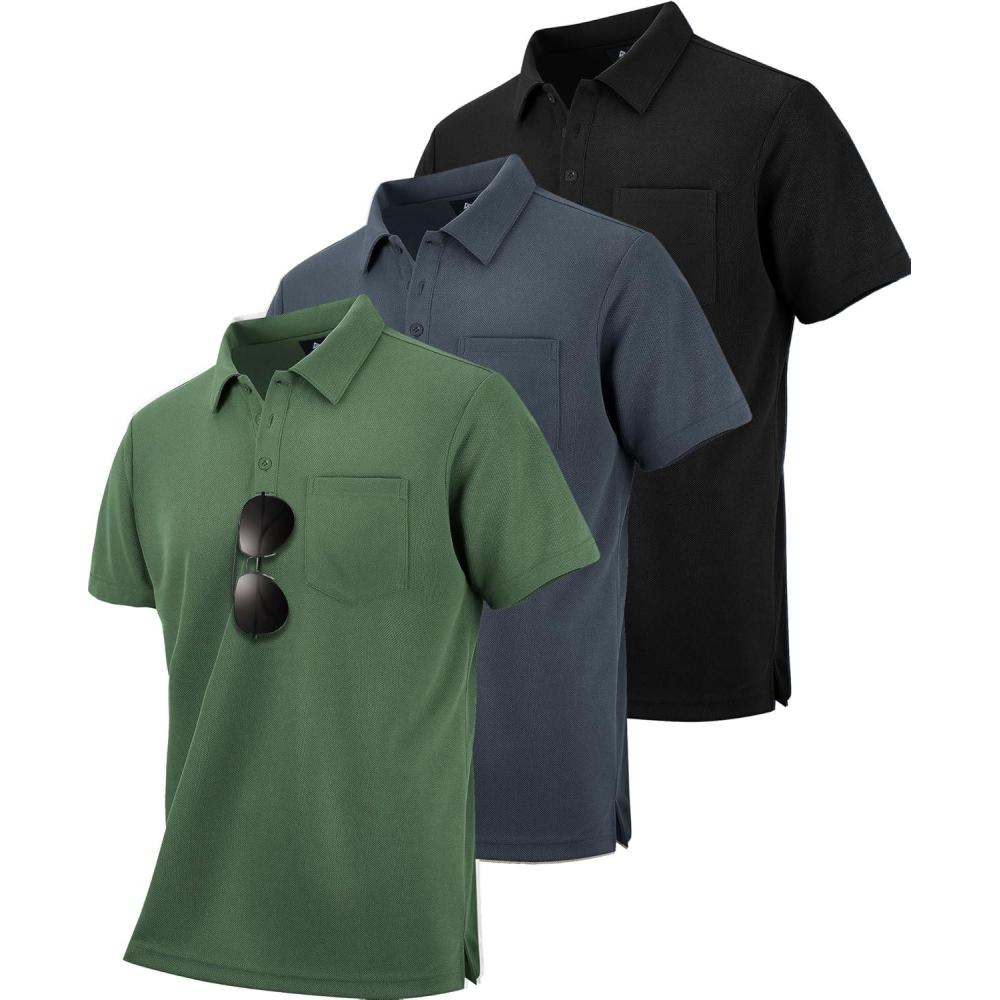 imageZITY 3 Pack Polo Shirts for Men with Pocket Short Sleeve Moisture Wicking Outdoor Tactical Shirt Summer CasualBlackgreyarmy Green