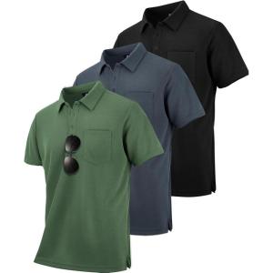 ZITY 3 Pack Polo Shirts for Men with Pocket Short Sleeve Moisture Wicking Outdoor Tactical Shirt Summer Casual(Black+grey+army Green)