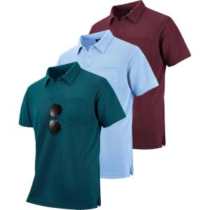 ZITY 3 Pack Polo Shirts for Men with Pocket Short Sleeve Moisture Wicking Outdoor Tactical Shirt Summer Casual(Wine Red+light Blue+dark Teal Blue)