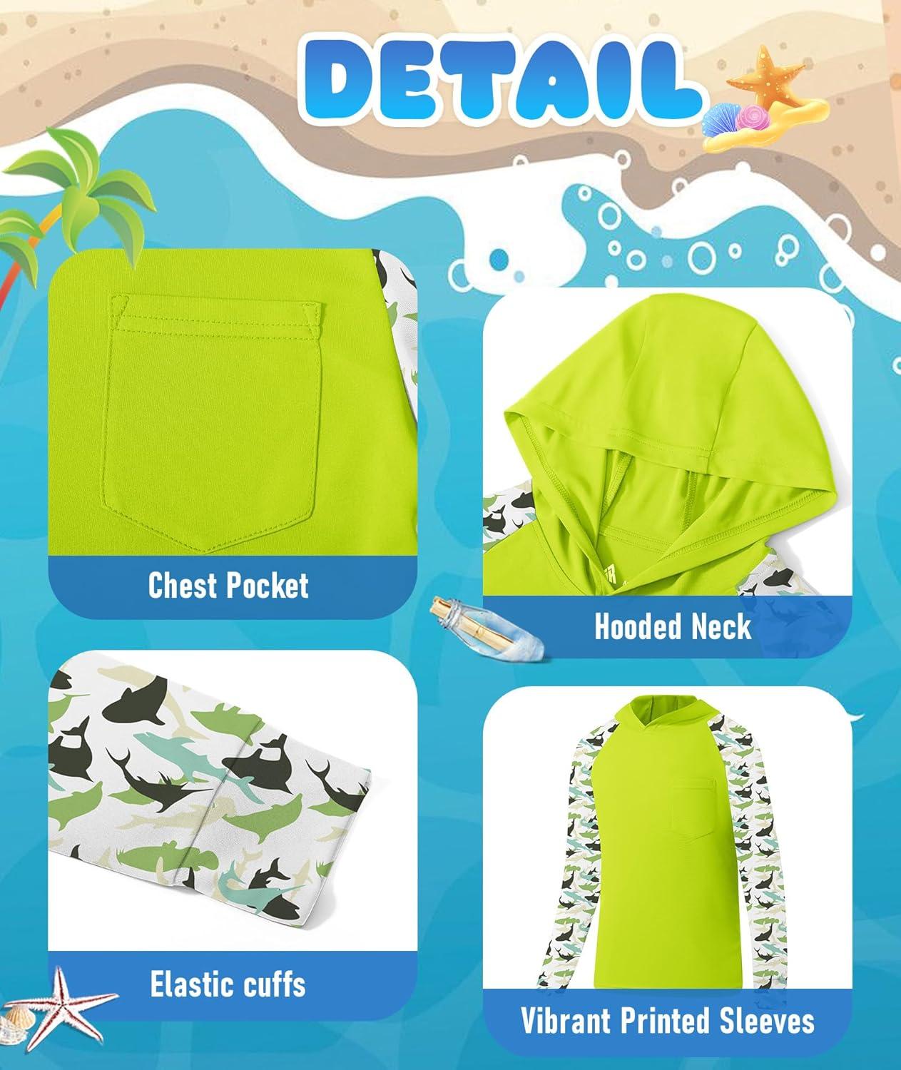 imageZITY Boys Rash Guard Hooded Fishing Shirt Kids UPF 50 Long Sleeve Sun Hoodie Youth UV Protection Beach Swim ShirtsNeon Green