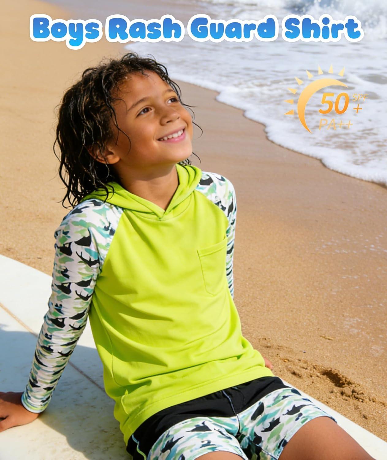imageZITY Boys Rash Guard Hooded Fishing Shirt Kids UPF 50 Long Sleeve Sun Hoodie Youth UV Protection Beach Swim ShirtsNeon Green