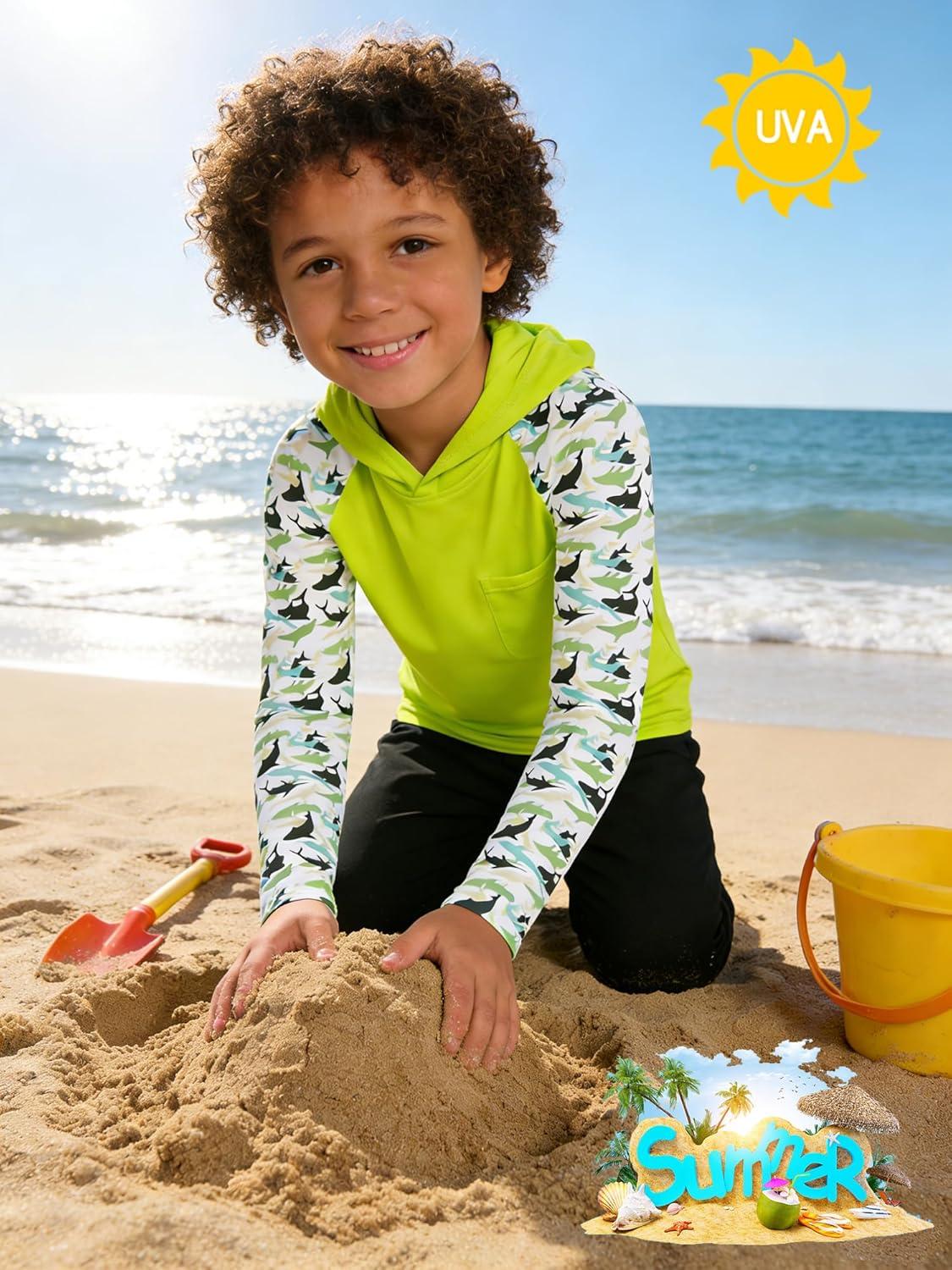 imageZITY Boys Rash Guard Hooded Fishing Shirt Kids UPF 50 Long Sleeve Sun Hoodie Youth UV Protection Beach Swim ShirtsNeon Green