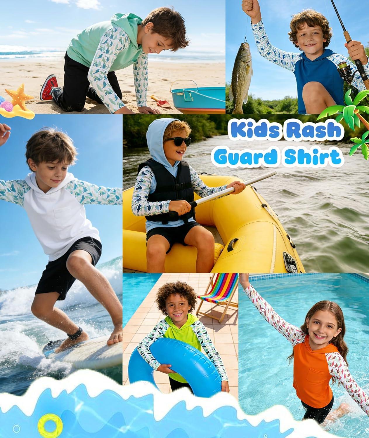 imageZITY Boys Rash Guard Hooded Fishing Shirt Kids UPF 50 Long Sleeve Sun Hoodie Youth UV Protection Beach Swim ShirtsNeon Green
