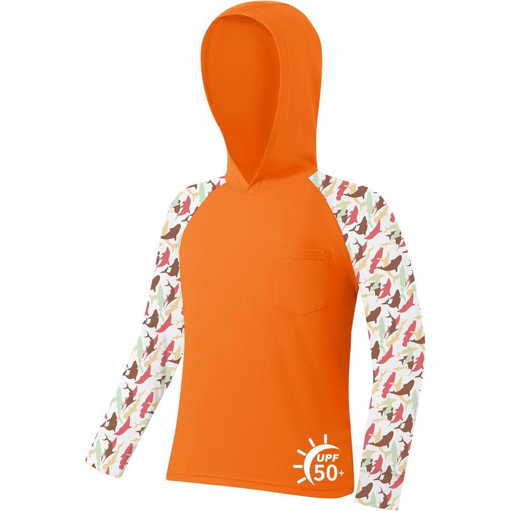 imageZITY Boys Rash Guard Hooded Fishing Shirt Kids UPF 50 Long Sleeve Sun Hoodie Youth UV Protection Beach Swim ShirtsLeaf Orange