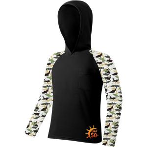 ZITY Boys Rash Guard Hooded Fishing Shirt Kids UPF 50+ Long Sleeve Sun Hoodie Youth UV Protection Beach Swim Shirts(Black)