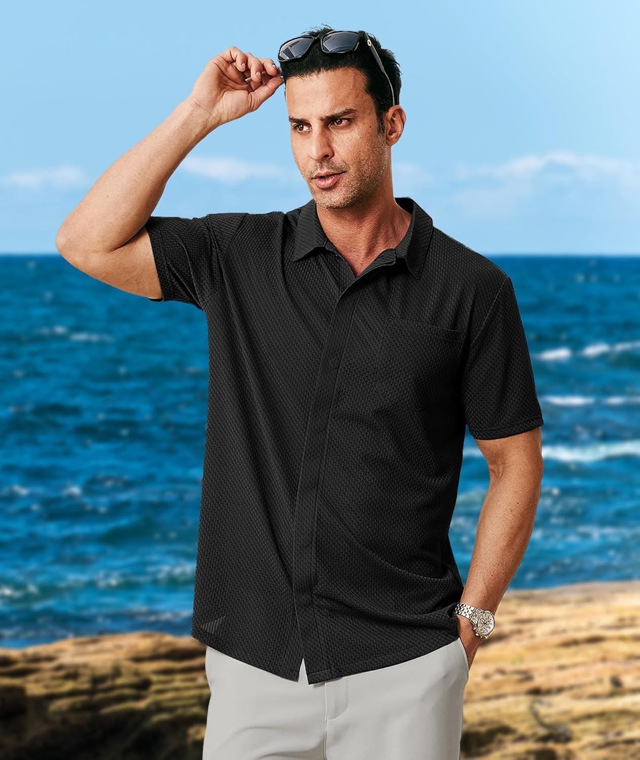 imageZITY Mens Casual Hawaiian Beach Vacation Summer Shirt Button Down Short Sleeve Textured ShirtsBlack