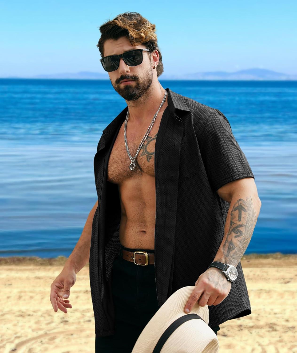 imageZITY Mens Casual Hawaiian Beach Vacation Summer Shirt Button Down Short Sleeve Textured ShirtsBlack