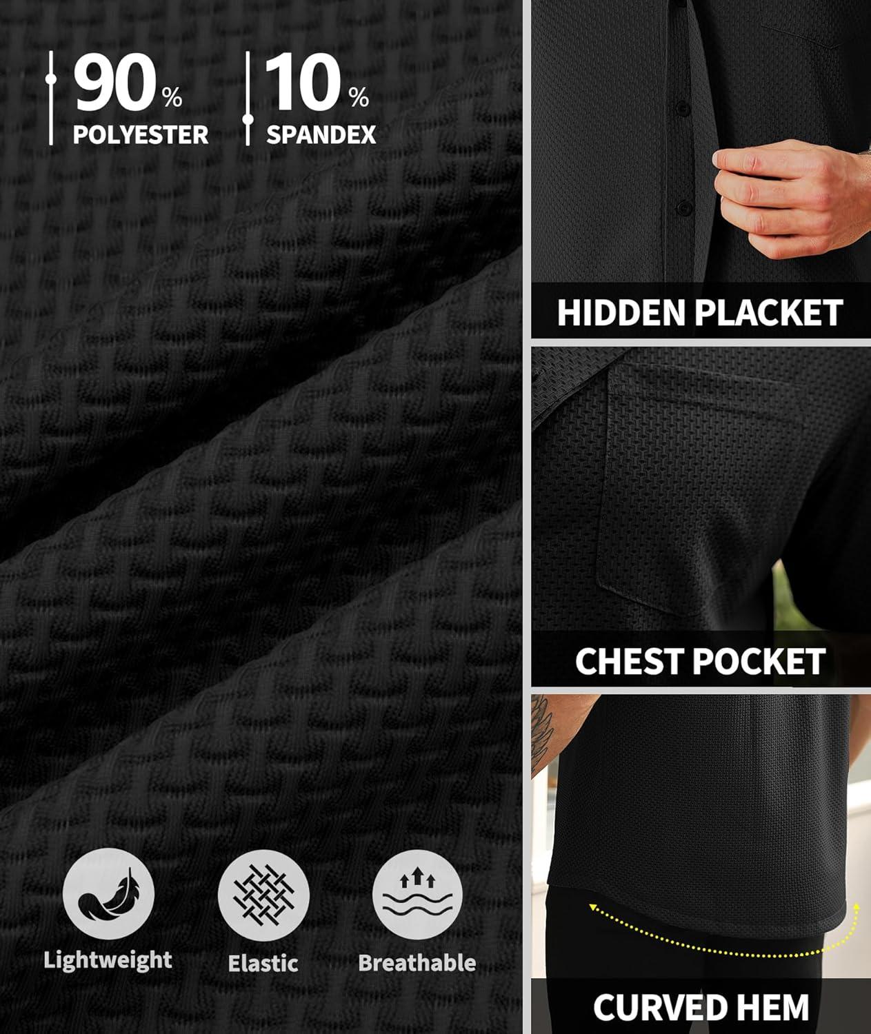 imageZITY Mens Casual Hawaiian Beach Vacation Summer Shirt Button Down Short Sleeve Textured ShirtsBlack