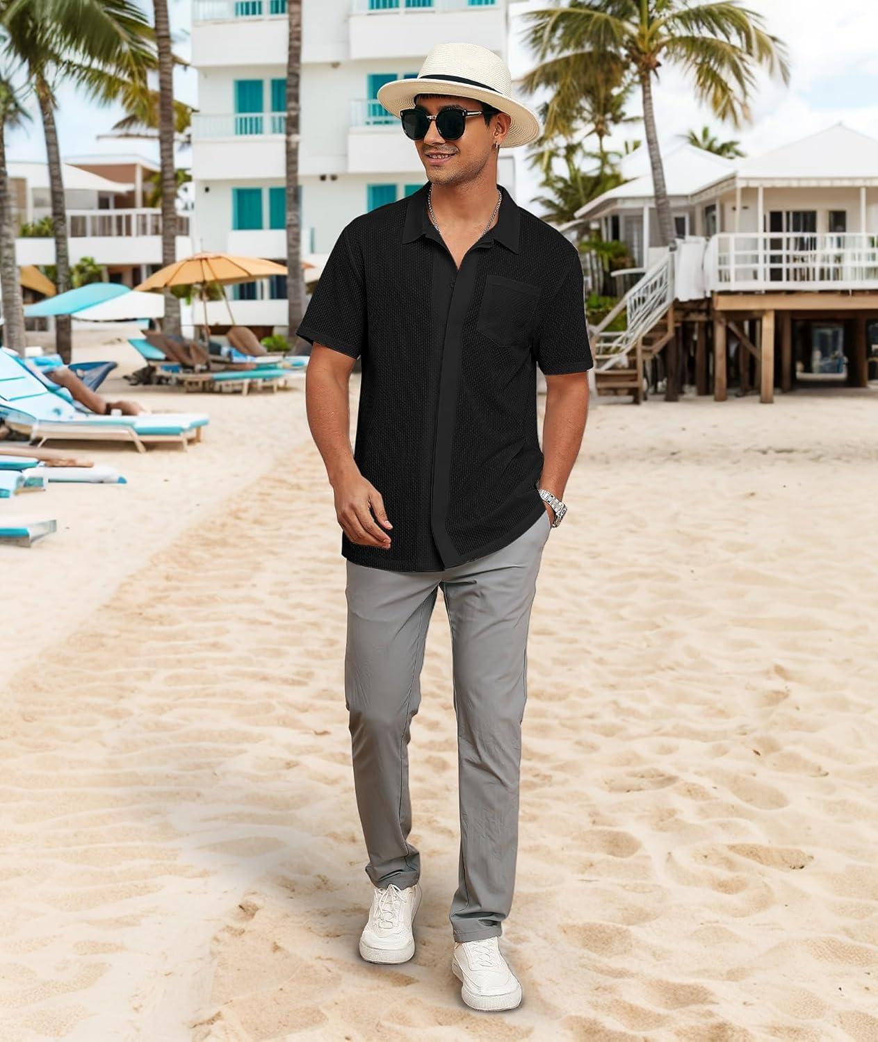 imageZITY Mens Casual Hawaiian Beach Vacation Summer Shirt Button Down Short Sleeve Textured ShirtsBlack