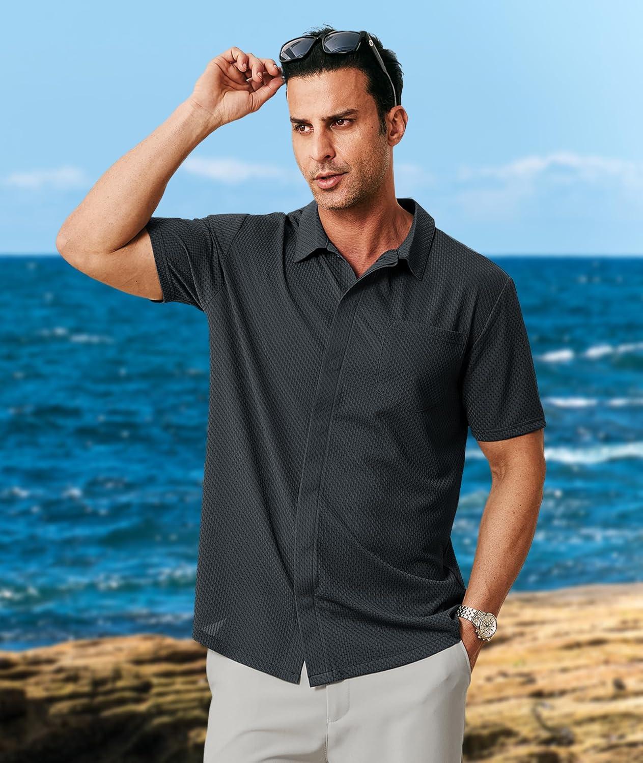 imageZITY Mens Casual Hawaiian Beach Vacation Summer Shirt Button Down Short Sleeve Textured ShirtsDark Grey