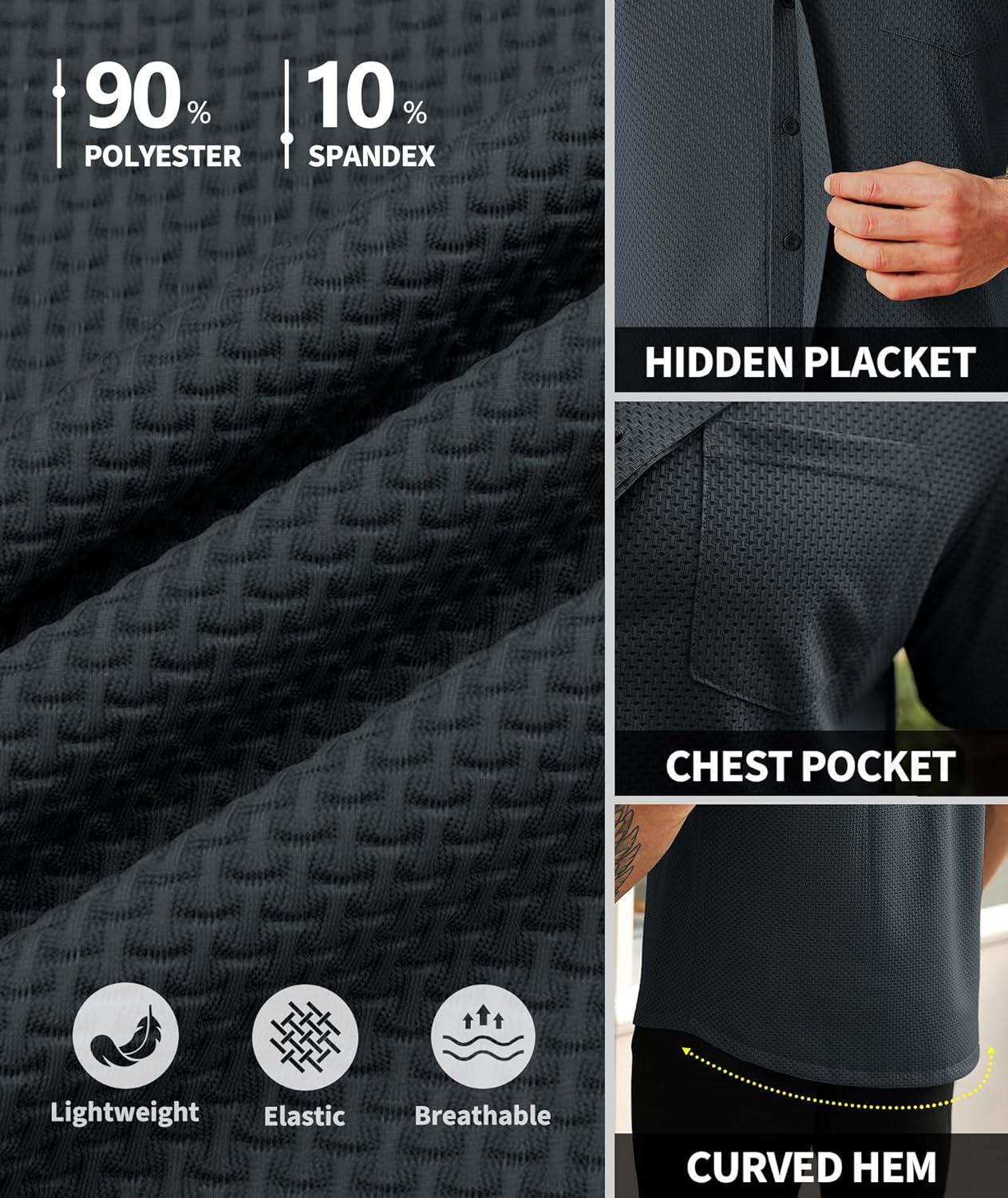 imageZITY Mens Casual Hawaiian Beach Vacation Summer Shirt Button Down Short Sleeve Textured ShirtsDark Grey