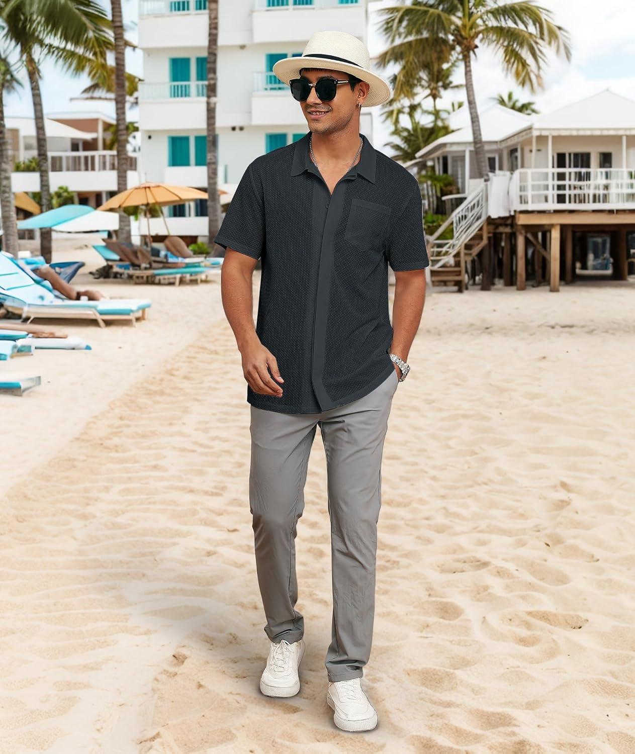 imageZITY Mens Casual Hawaiian Beach Vacation Summer Shirt Button Down Short Sleeve Textured ShirtsDark Grey