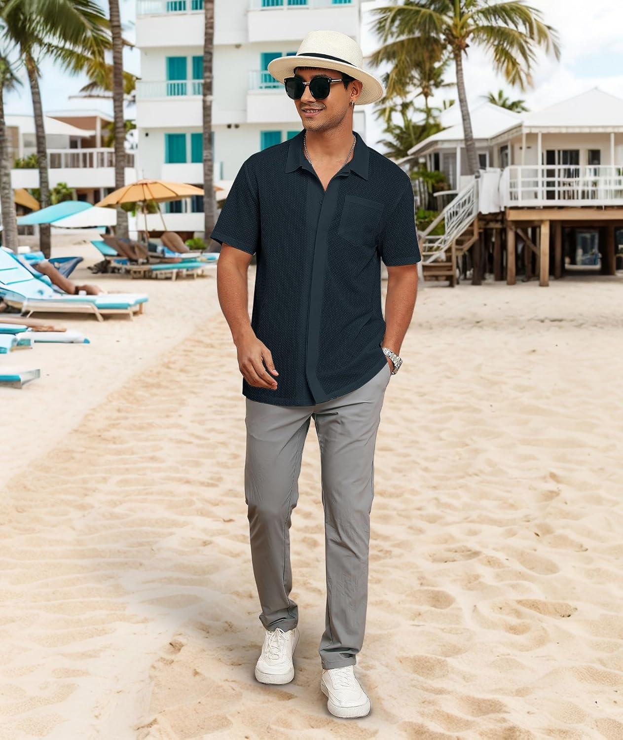 imageZITY Mens Casual Hawaiian Beach Vacation Summer Shirt Button Down Short Sleeve Textured ShirtsNavy