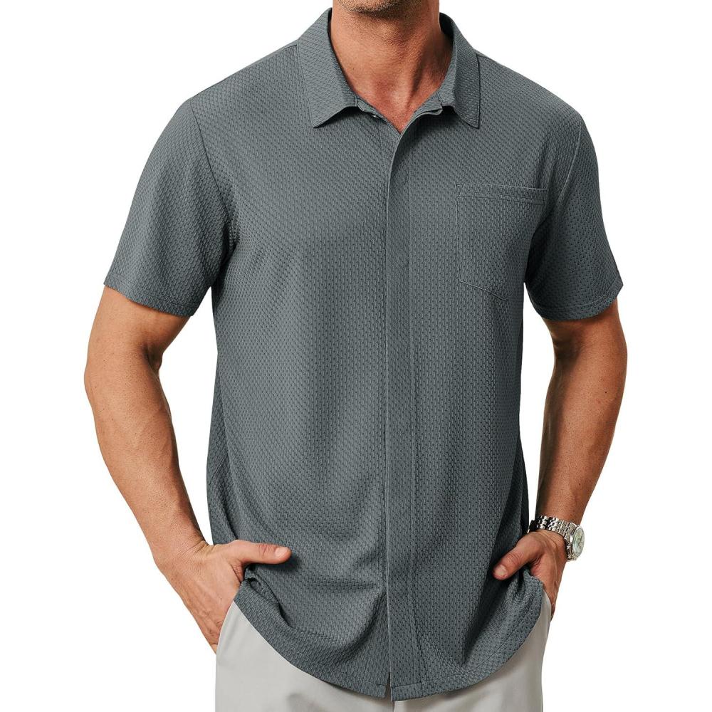 imageZITY Mens Casual Hawaiian Beach Vacation Summer Shirt Button Down Short Sleeve Textured ShirtsGrey