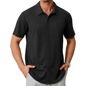 ZITY Mens Casual Hawaiian Beach Vacation Summer Shirt Button Down Short Sleeve Textured Shirts(Black)