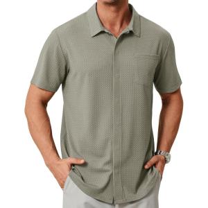 ZITY Mens Casual Hawaiian Beach Vacation Summer Shirt Button Down Short Sleeve Textured Shirts(Khaki)