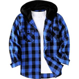 ZITY Men’s Flannel Hoodie Shirts Casual Button Down Plaid Shirt Jackets for Men Long Sleeve Stylish Hooded with Pocket(Blue)
