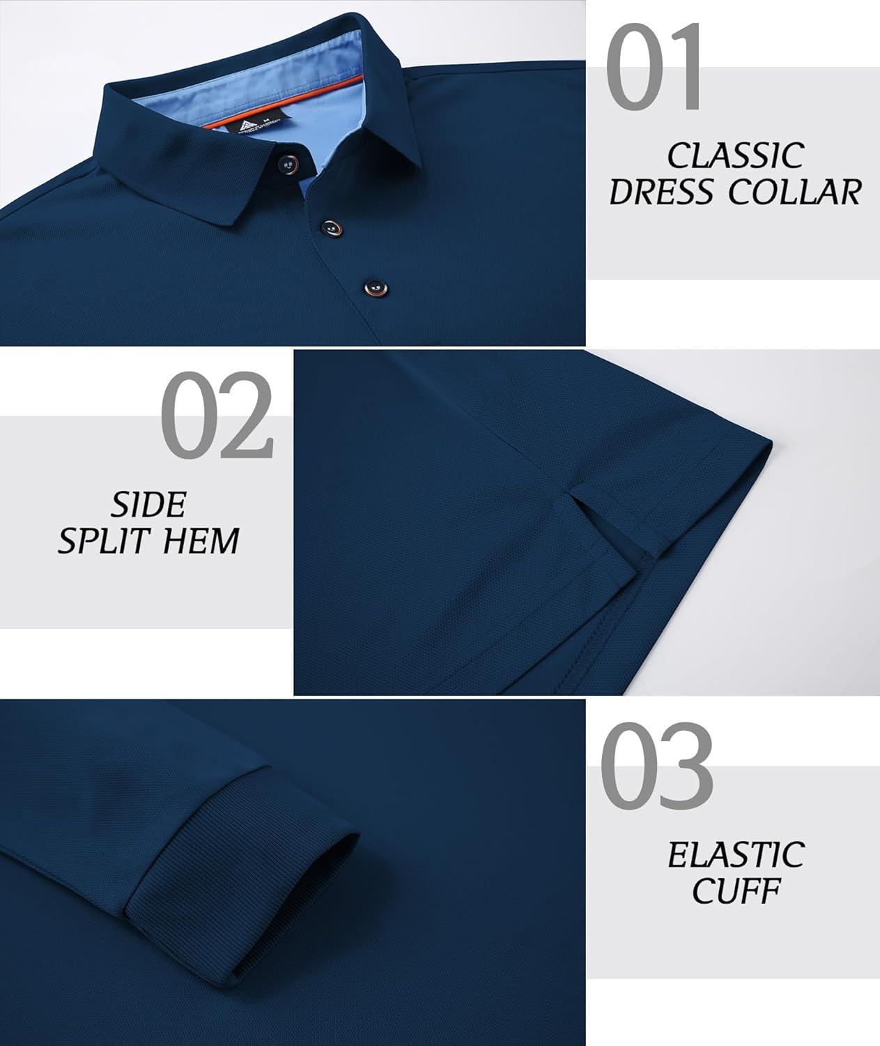 imageZITY Long Sleeve Polo Shirts for Men 3 Pack Collared Performance Golf Polos Mens Casual Shirts Moisture Wicking WorkwearNavy