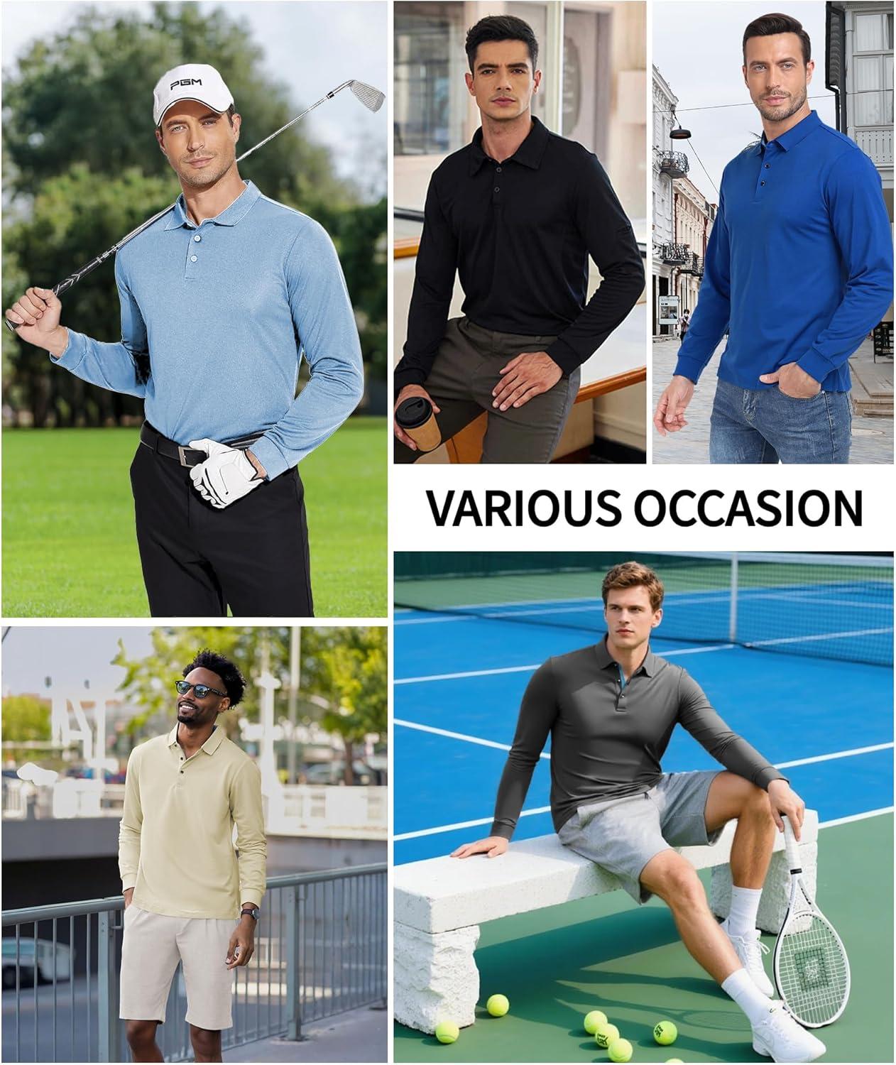 imageZITY Long Sleeve Polo Shirts for Men 3 Pack Collared Performance Golf Polos Mens Casual Shirts Moisture Wicking WorkwearNavy