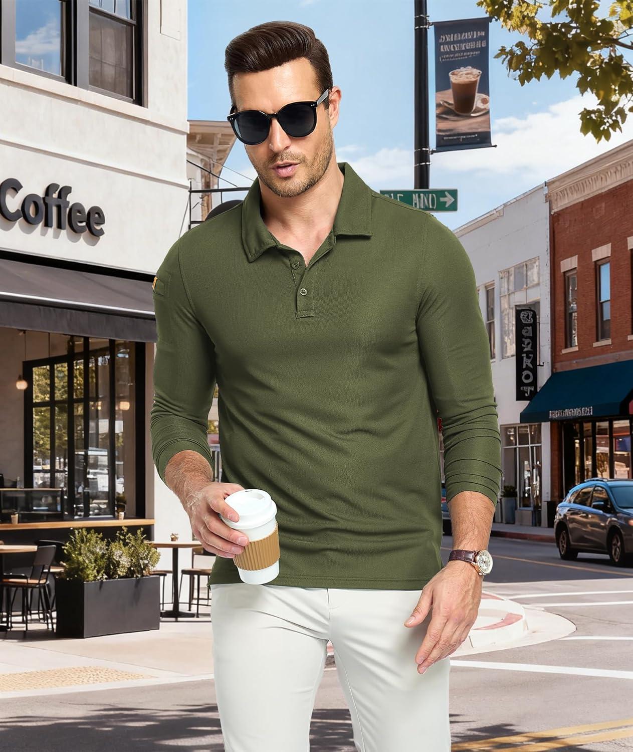 imageZITY Mens Long Sleeve Polo Shirts 3 Button with Pocket Lightweight Golf Breathable Solid Color Designed Collared Casual TeeArmy Green